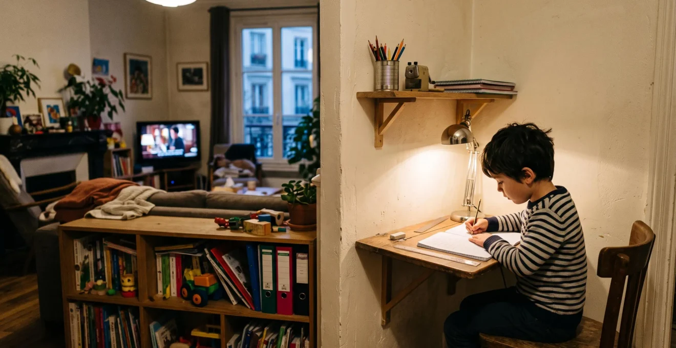 Un enfant fait ses devoirs à un petit bureau mural installé dans un coin du salon d'un appartement, éclairé par une lampe de bureau.