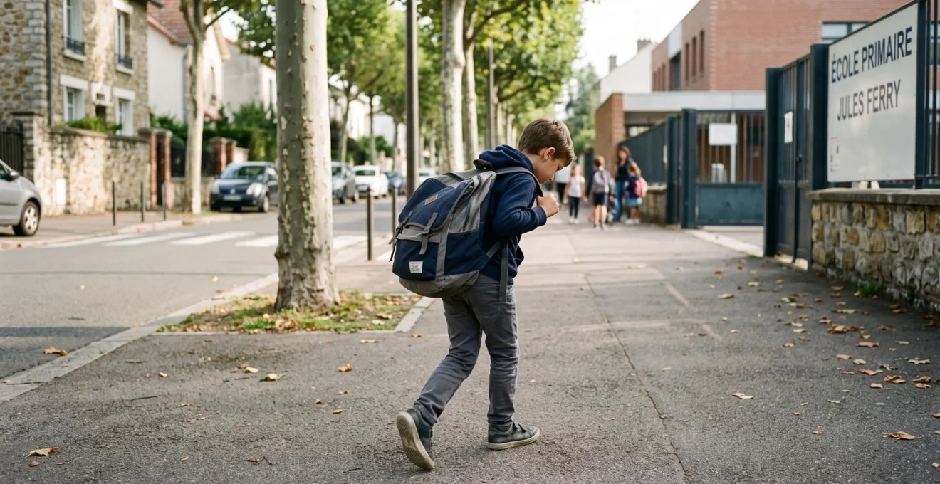 Un enfant de primaire marche sur un trottoir français le matin, le buste penché en avant sous le poids d'un cartable rempli porté sur les deux épaules.