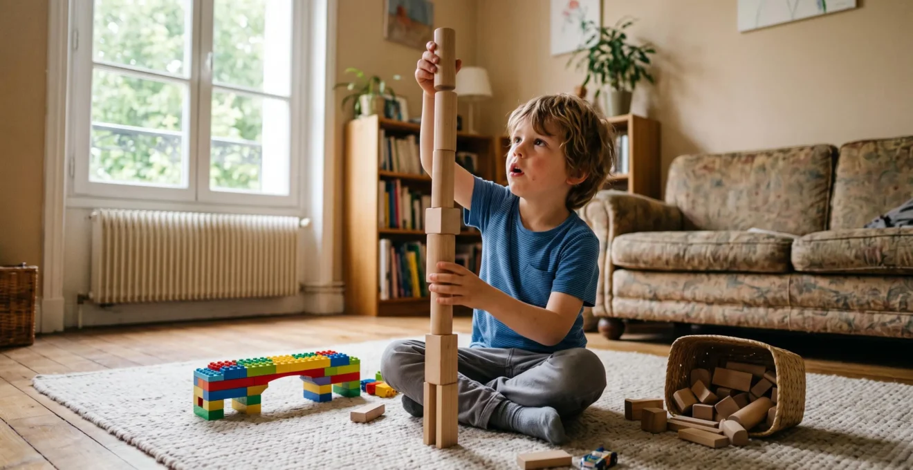 Un enfant de cinq ans construit une tour avec des blocs en bois sur le tapis d'un salon, concentré sur l'équilibre de sa structure.
