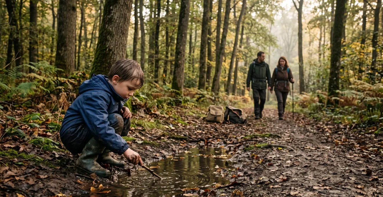 Un enfant de sept ans accroupi près d'une flaque dans une forêt française pendant que ses parents marchent sur le sentier derrière lui.