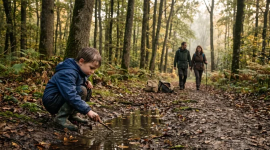Un enfant de sept ans accroupi près d'une flaque dans une forêt française pendant que ses parents marchent sur le sentier derrière lui.