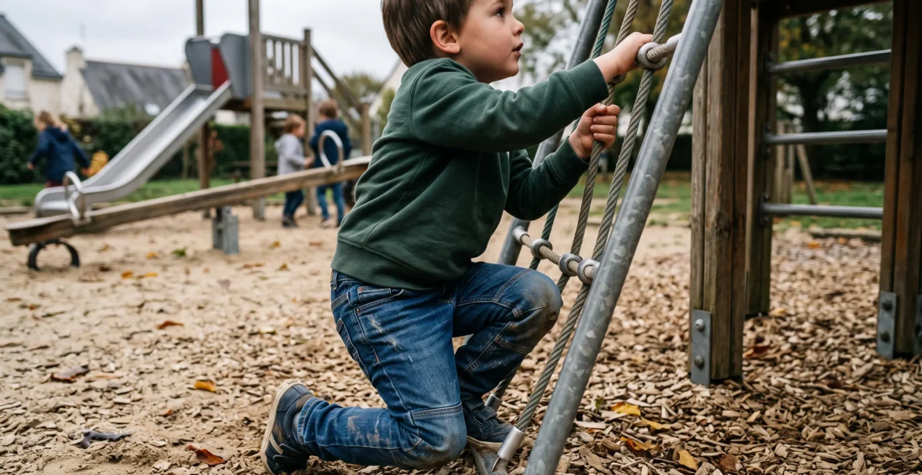 Un enfant joue et grimpe dans une aire de jeux en portant un jean renforcé aux genoux.