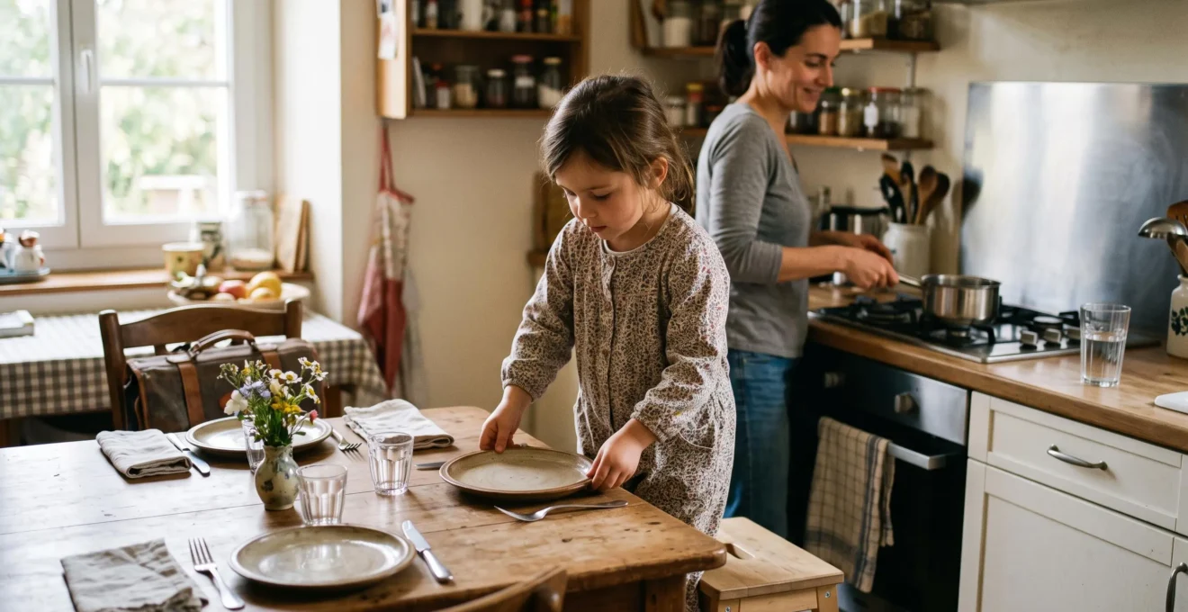 Un enfant d'environ six ans met la table dans une cuisine familiale pendant qu'un parent observe en souriant depuis le plan de travail.