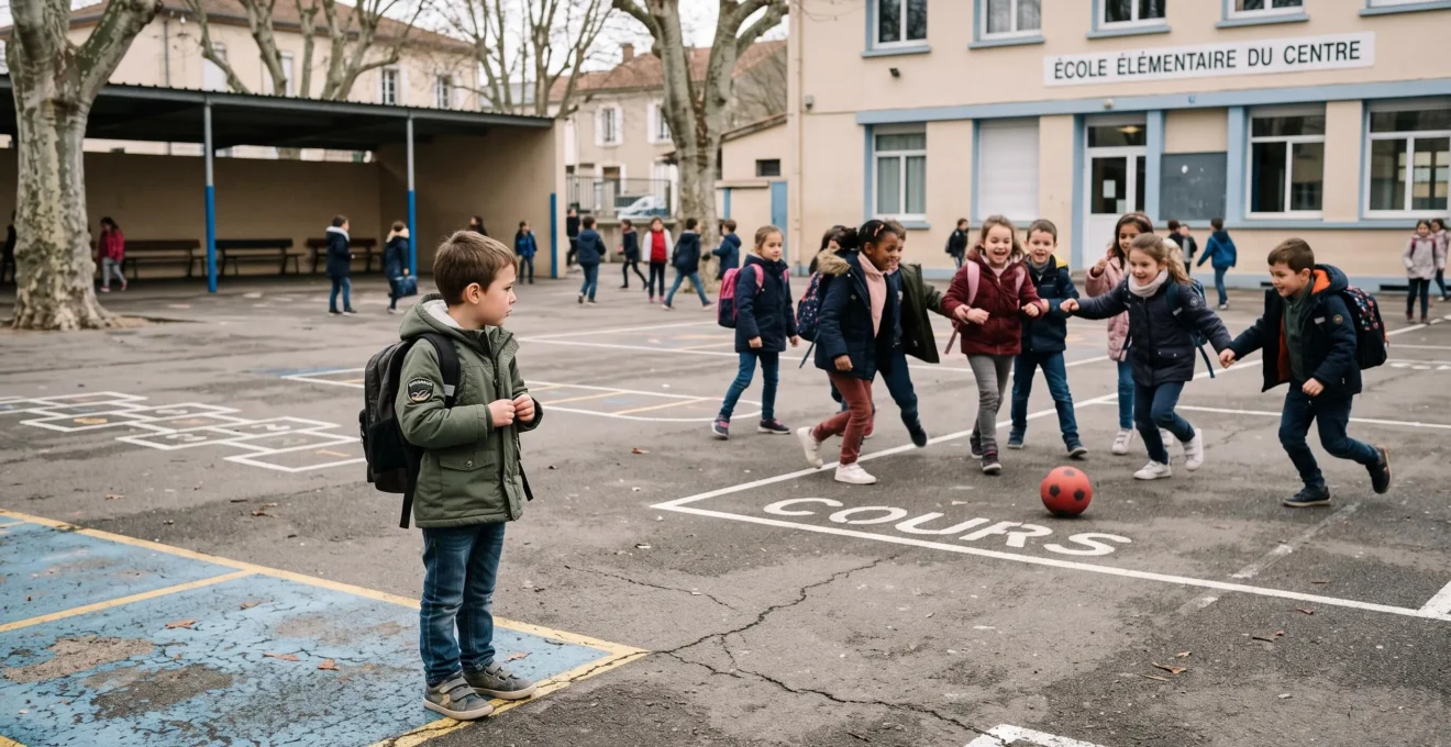 Un enfant se tient en retrait au bord d'une cour d'école pendant qu'un groupe d'enfants joue au ballon pendant la récréation.