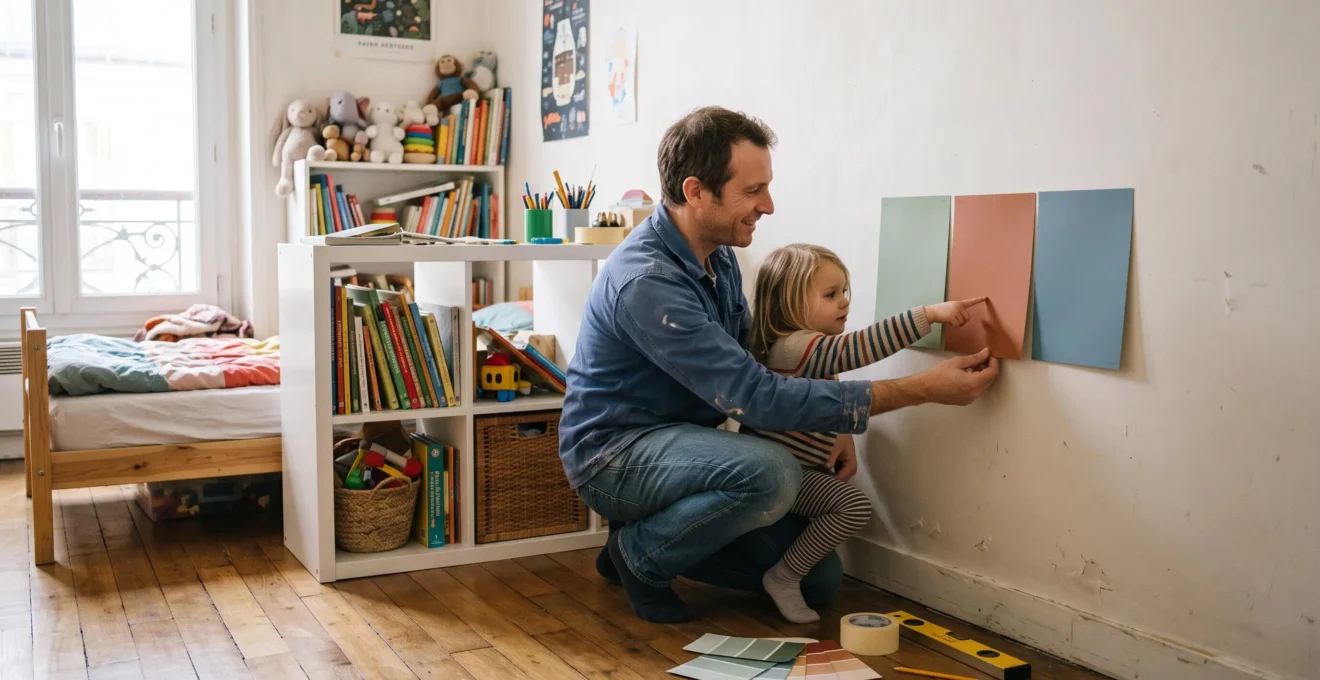 Un père et sa fille comparent trois échantillons de peinture contre le mur d'une chambre d'enfant en choisissant la couleur.