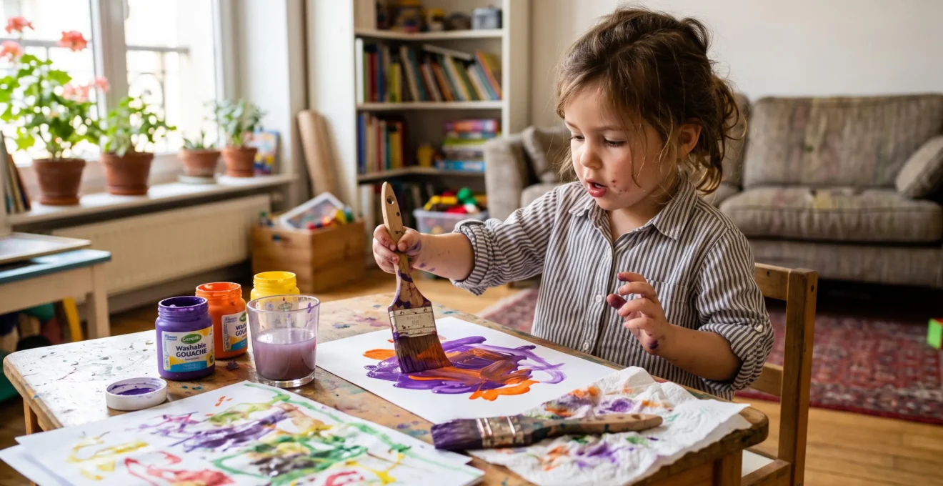 Un enfant d'environ quatre ans peint librement à la gouache sur une feuille blanche posée sur une table basse dans un salon familial.