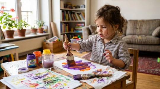 Un enfant d'environ quatre ans peint librement à la gouache sur une feuille blanche posée sur une table basse dans un salon familial.