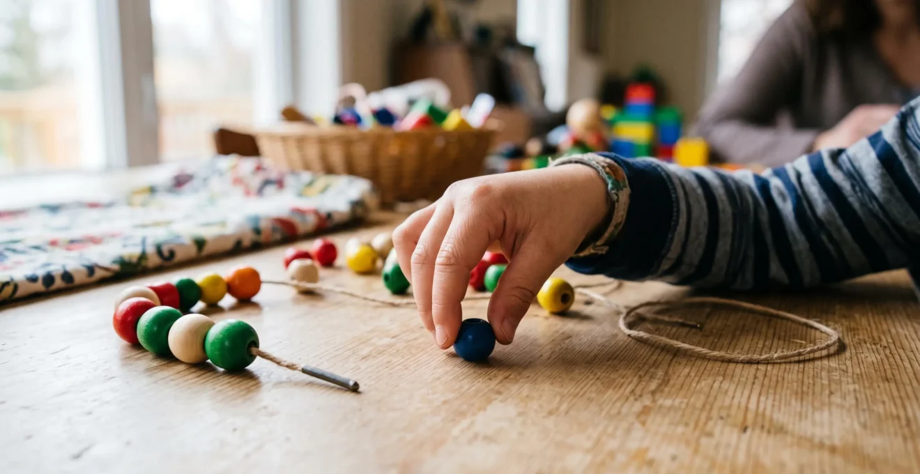 Mains d'un enfant de quatre ans attrapant une petite perle entre le pouce et l'index sur une table en bois.