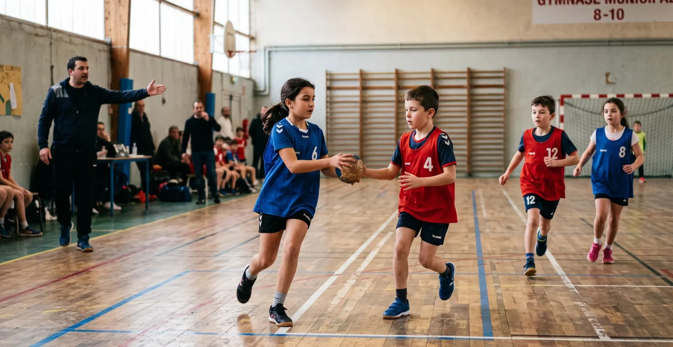 Des enfants passent le ballon lors d'un match de sport collectif dans un gymnase, sous le regard d'un entraîneur en arrière-plan.