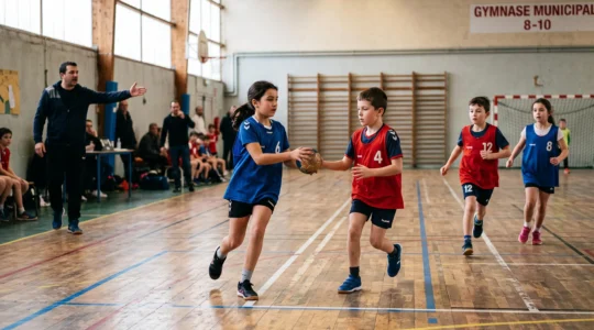 Des enfants passent le ballon lors d'un match de sport collectif dans un gymnase, sous le regard d'un entraîneur en arrière-plan.