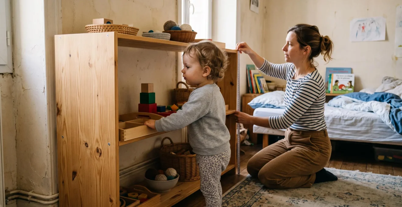 Un enfant d'environ deux ans prend un jouet sur une étagère basse pendant qu'un parent vérifie la hauteur de celle-ci dans une chambre d'enfant.