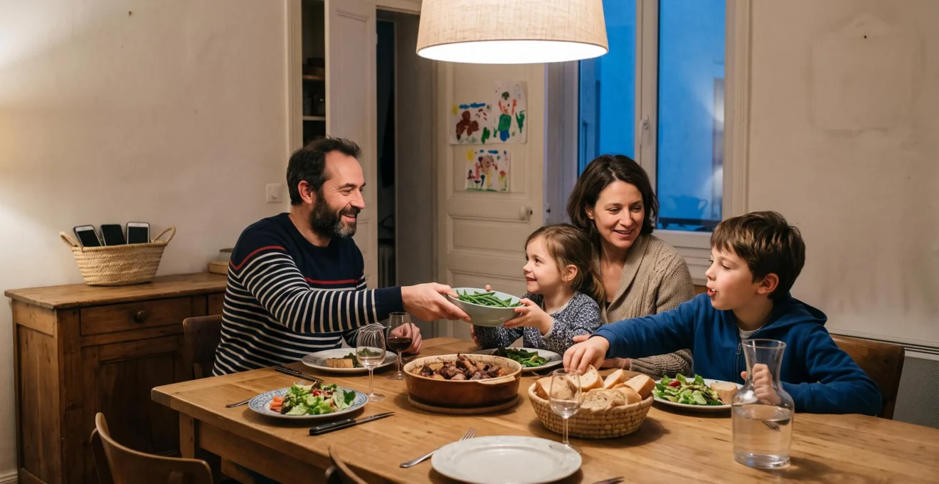Une famille française partage le dîner autour d'une table en bois, sans aucun écran, pendant que les téléphones reposent dans un panier.