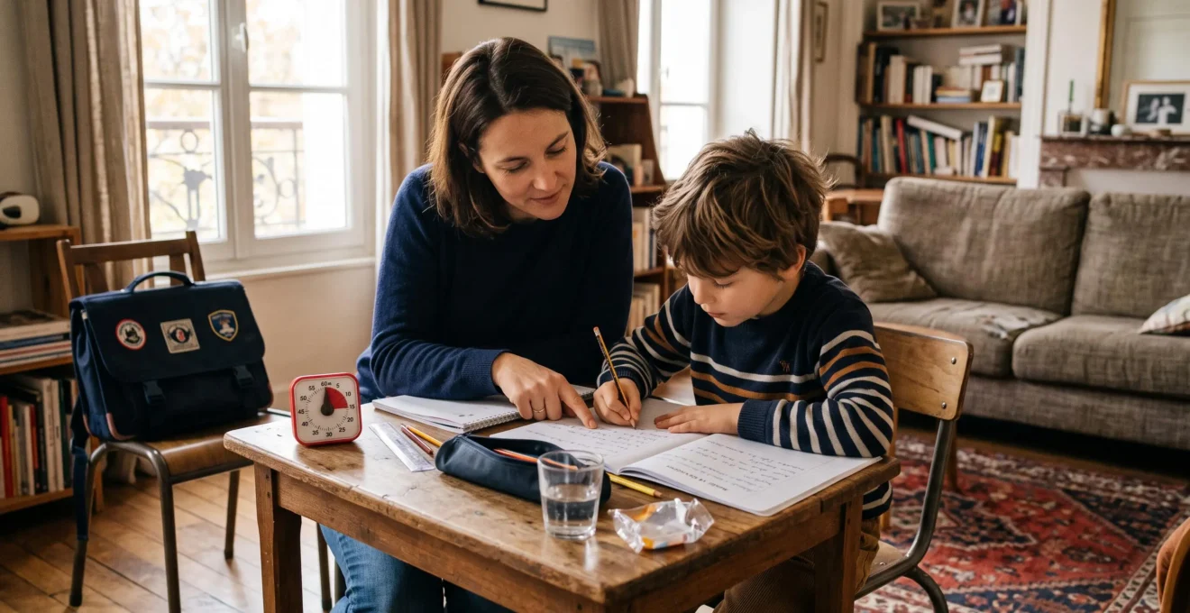 Une mère accompagne son fils de CE1 qui fait ses devoirs à une table familiale, un minuteur posé sur le coin de la table.