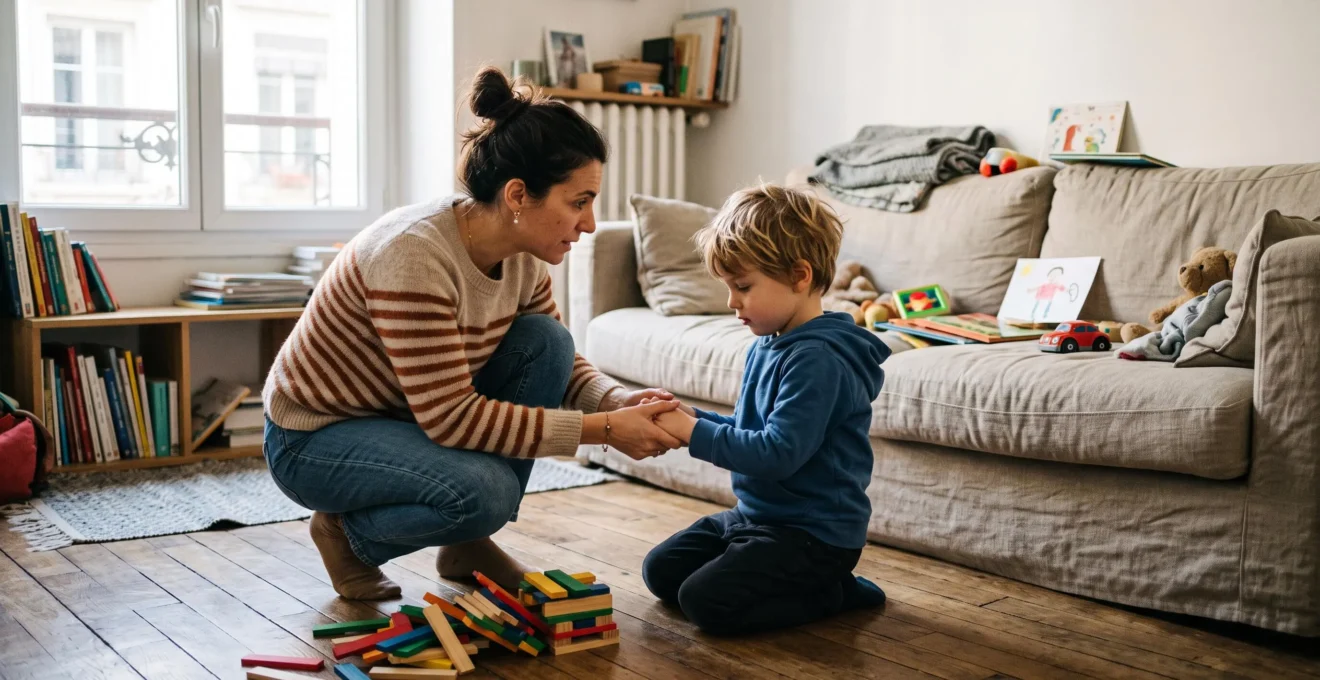 Une mère accroupie à hauteur d'enfant explique calmement une conséquence à son fils de cinq ans dans un salon familial, juste après son comportement inacceptable.