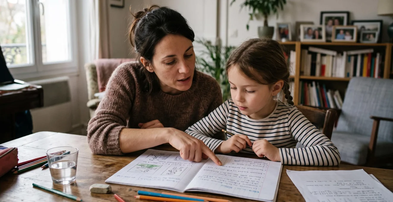 Une mère pointe un exercice dans le cahier de son enfant de huit ans pendant qu'ils discutent ensemble à la table du salon.