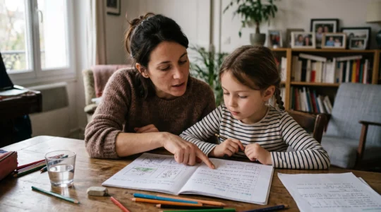 Une mère pointe un exercice dans le cahier de son enfant de huit ans pendant qu'ils discutent ensemble à la table du salon.