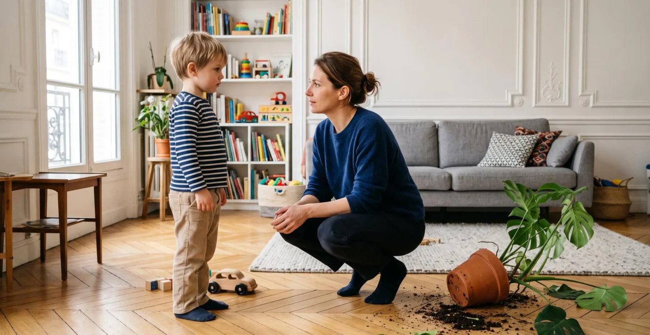 Une mère accroupie à hauteur d'enfant parle calmement à son fils de quatre ans dans un salon, un pot de fleur renversé au sol.