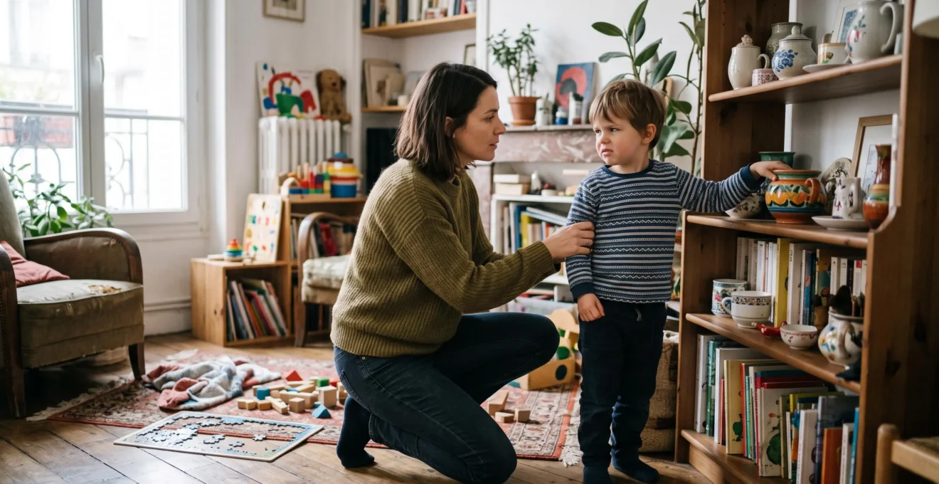 Une mère accroupie à la hauteur de son jeune enfant lui tient doucement le bras dans un salon familial, exprimant un cadre ferme et bienveillant.