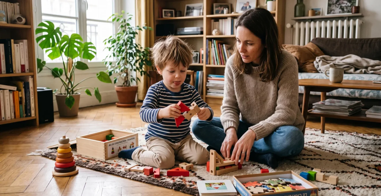 Une mère observe son enfant de quatre ans qui manipule les pièces d'un jouet de construction en bois dans un salon familial.