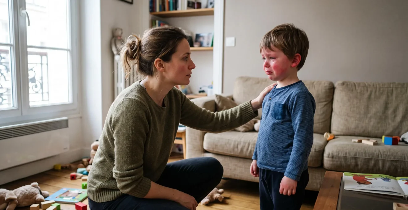Une mère s'accroupit à hauteur d'enfant et écoute attentivement son fils en crise dans le salon d'un appartement familial.