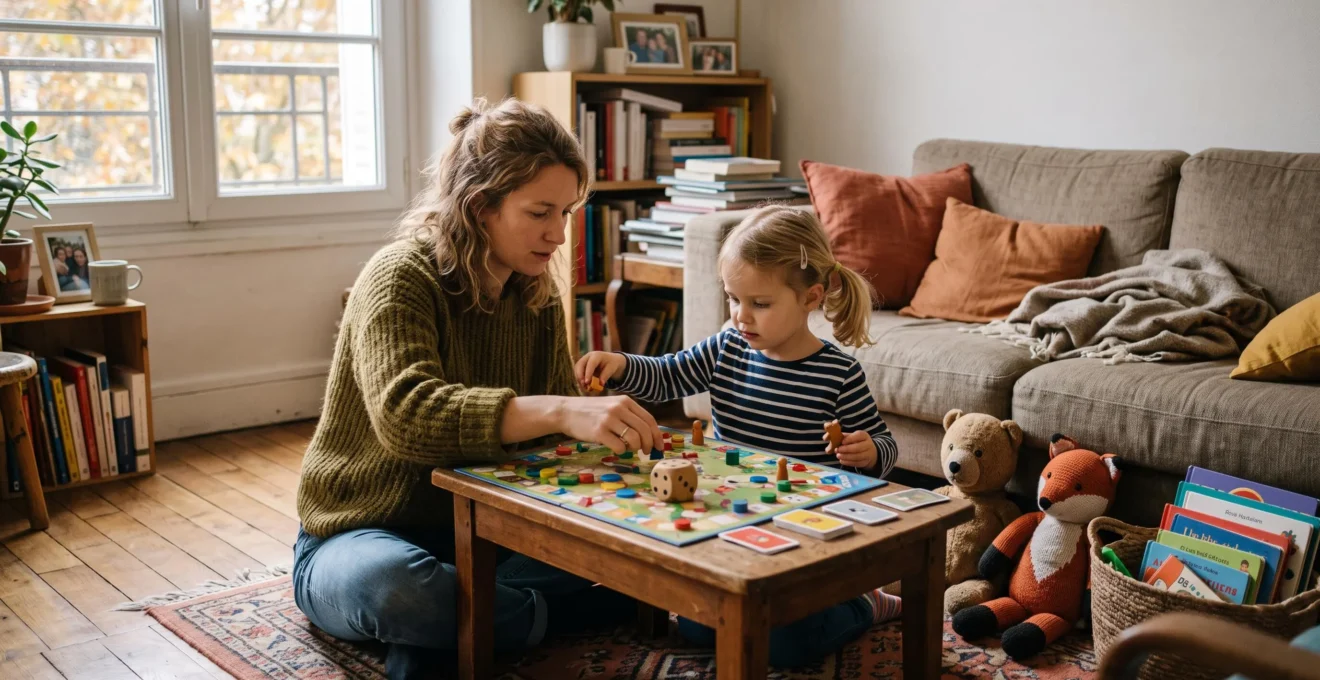 Une mère et un enfant d'environ quatre ans jouent ensemble à un jeu de société sur une petite table dans un salon familial.