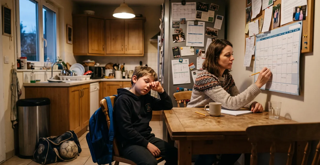 Une mère remplit un planning hebdomadaire sur la table de la cuisine pendant que son enfant fatigué attend à côté de son sac de sport.