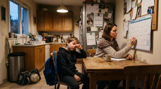 Une mère remplit un planning hebdomadaire sur la table de la cuisine pendant que son enfant fatigué attend à côté de son sac de sport.