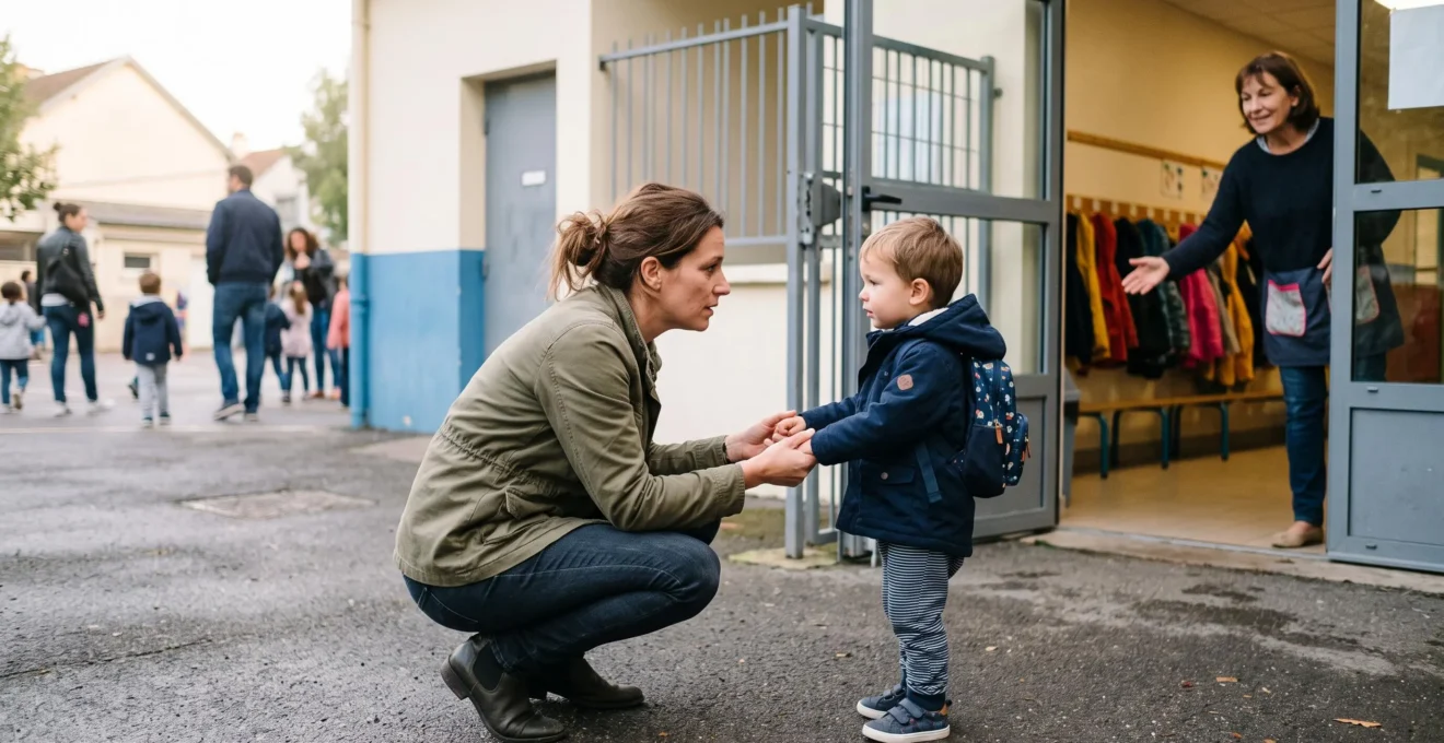 Une mère accroupie tient les mains de son jeune enfant devant le portail d'une école maternelle tandis qu'une enseignante l'accueille dans la cour.